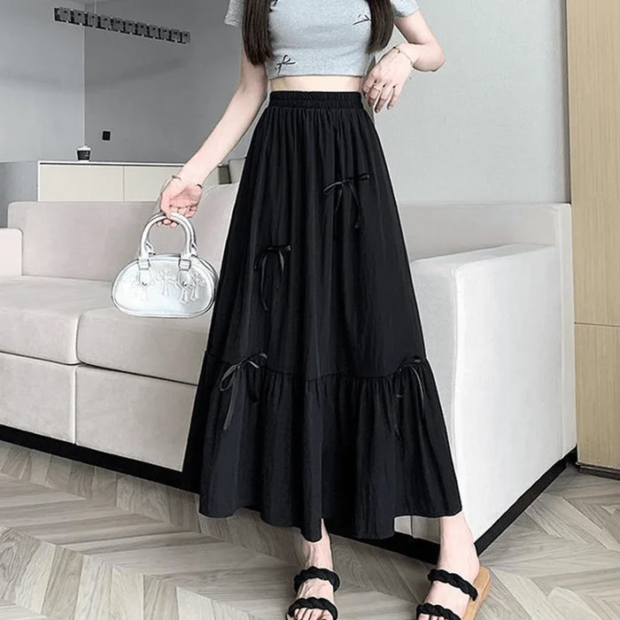 Chinese Style Summer Bow Splicing High Waist Skirts for Women Black S