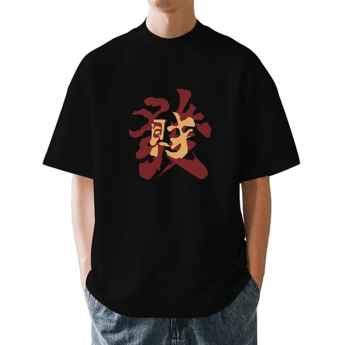 Chinese Style Summer FACAI Print Short Sleeve Casual T Shirt Black M