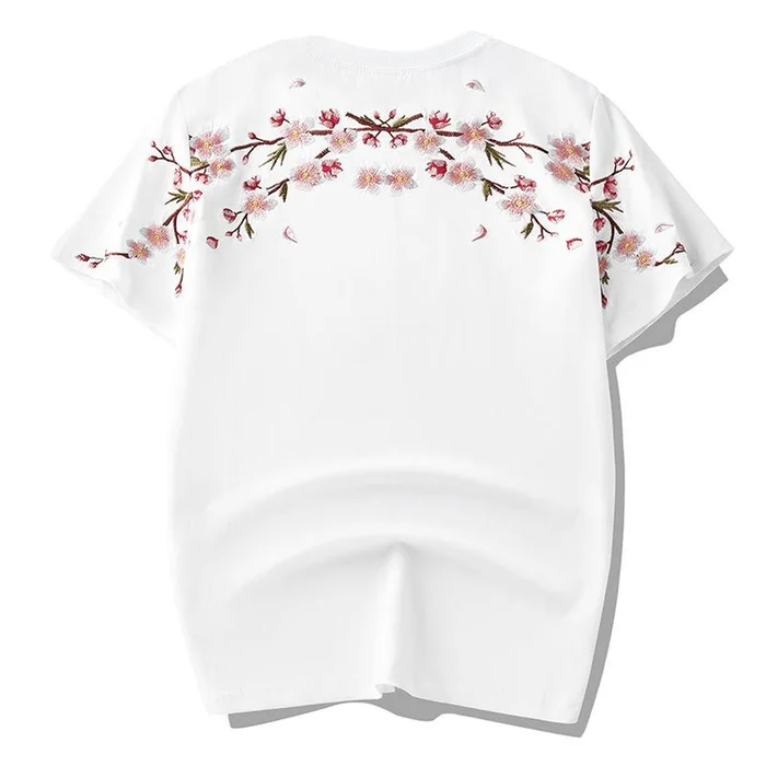 Chinese Style Summer Plum Blossom Embroiderd Loose Short Sleeve T Shirt White XL