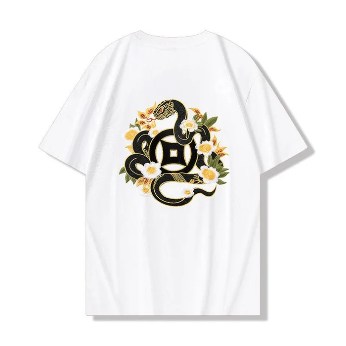 Chinese Style Summer Snake Embroiderd Loose Short Sleeve T Shirt White XL