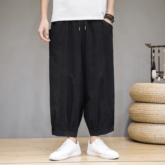 Chinese Style Summer Thin Loose Wide-leg Harem Pants Black M