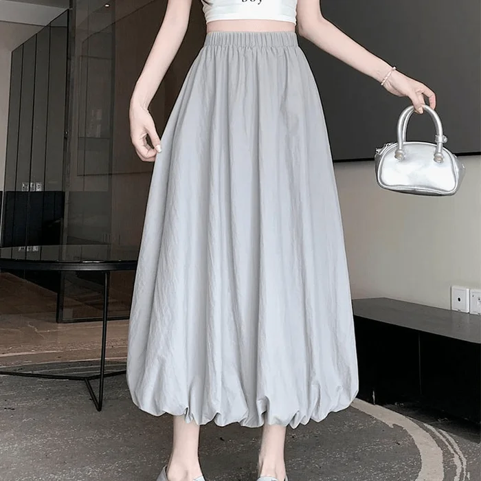 Chinese Style Summer Vintage Mid-length Lantern Skirt Grey S