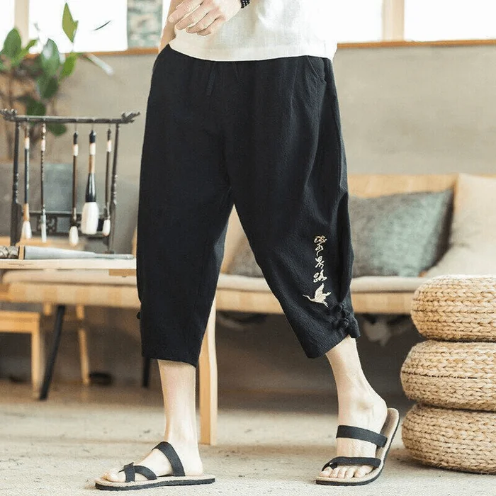 Chinese Style Thin Text Embroidery Loose Cropped Pants for Men Black M