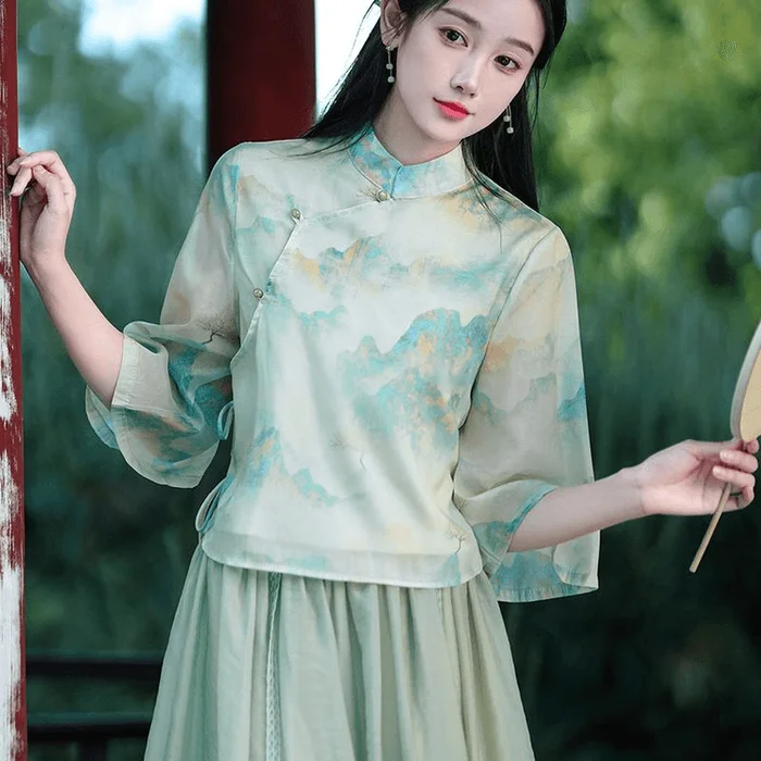 Chinese Style Women's Printed Knot Button Tang Suit Hanfu Top for Women L