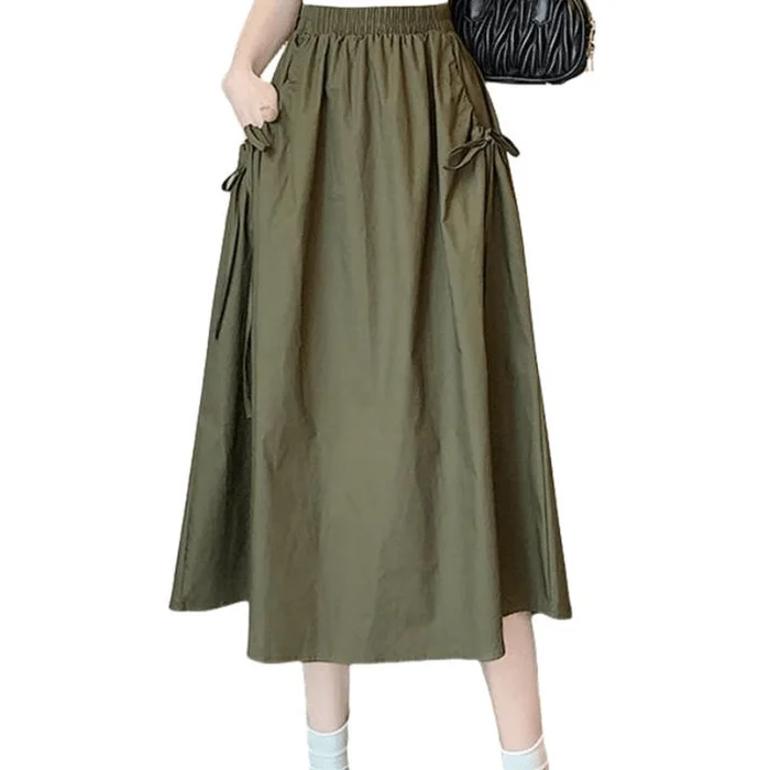Chinese Style Women High Waist Drawstring Workwear Style A-Line Skirts Green S