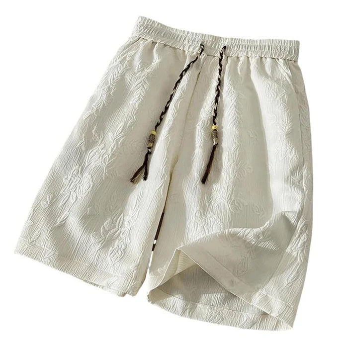 Chinese Style Women Jacquard Wide-leg Casual Shorts with Tie Beige L