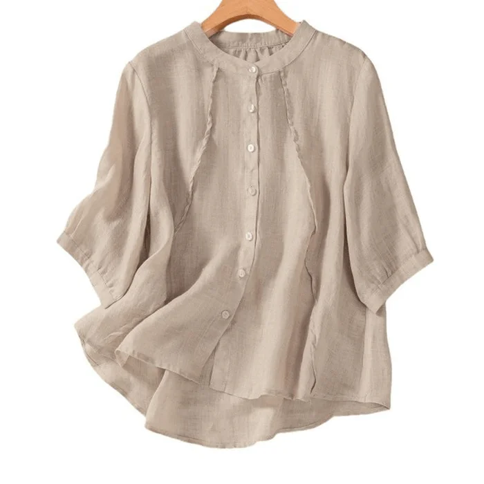 Chinese Style Women Stand Collar Half Sleeve Casual Shirt Top Khaki M