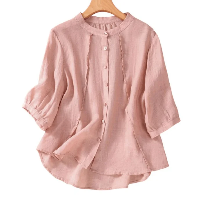 Chinese Style Women Stand Collar Half Sleeve Casual Shirt Top Pink M