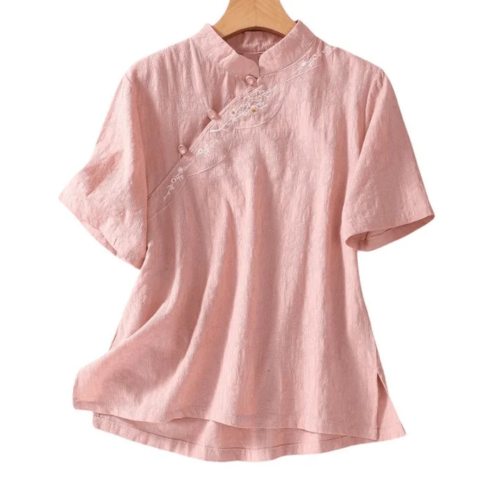 Chinese Style Women Vintage Stand Collar Short Sleeve Embroidered T Shirt Pink 2XL