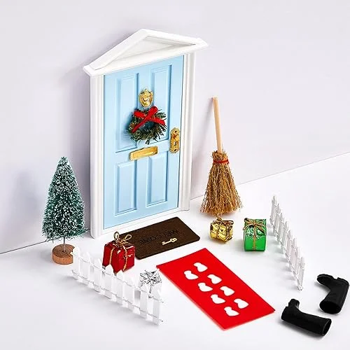 Civaner Magic Fairy Doors Christmas Decorations Miniature Tiny Wooden Tooth Door Mini Enchanted Outdoor Decor for Christmas Accessories Fairy Tale(Blue Door, Brown Mat)