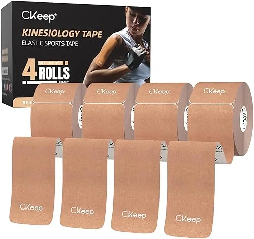 CKeep 4 Rolls Kinesiology Tape, Original Cotton Elastic Athletic Tape, 20 Precut 10′ Strips Each, Beige, Ideal for Muscle Support & Injury Prevention