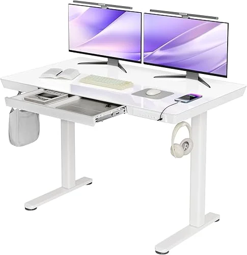 Claiks Glass Standing Desk with Drawers, 48×24 Inch Adjustable Stand Up Desk, Quick Install Home Office Computer Desk with USB Ports, White