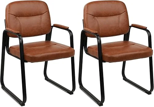 CLATINA Waiting Reception Chairs No Wheel, Leather Guest Chair with Padded Arms, Modern Brown Office Desk Chairs with Sled Base for Office Meeting Conference Room Lobby Home Living Room (2 Pack)