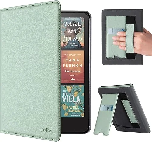 CoBak Case with Stand for Kindle Paperwhite 12th Gen 2024 Released (7′) & Kindle Colorsoft Signature Edition – Durable PU Leather Cover with Auto Sleep Wake, Card Slot, Hand Strap Feature, Sage Green
