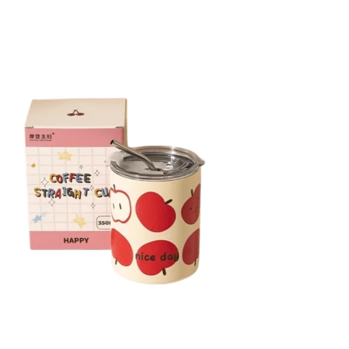 Coffee Mug Outside Stainless Steel Insulated Mug Drinking Mug Straw Mug 350ml-Passion Apple 1pc