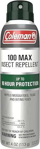 Coleman Insect Repellent Spray – 100% MAX DEET Insect Repellent Spray, protection against ticks, mosquitoes, chiggers, gnats, fleas, ideal for camping, hiking, outdoor activities, 4oz Continuous Spray