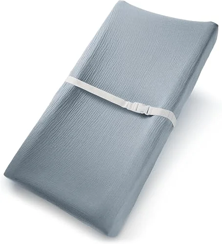 Comfy Cubs Muslin Fitted Changing Pad Cover – Soft, Breathable & Washable 100% Cotton Fitted Sheet for Baby's Comfort – Universal Fit for Flat & Curved Baby Changer Pad – Pacific Blue