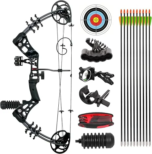 Compound Bow and Arrow Kit Youth Bow and Arrow Set, 15-45 Lbs Draw Weight, 18′-29′ Draw Length, Right Handed Bow for Beginner, 320 Fps Hunting & Target Bow with All Accessories