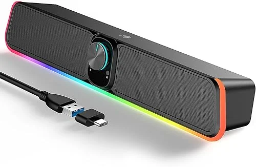 Computer Speakers – Wired USB Powered Bluetooth Computer Sound Bar with RGB & Volume Knob, HiFi Stereo Portable Gaming Sound Bar Speaker for Desktop Monitor, PC, Laptop, Tablets, Mac Air/Pro