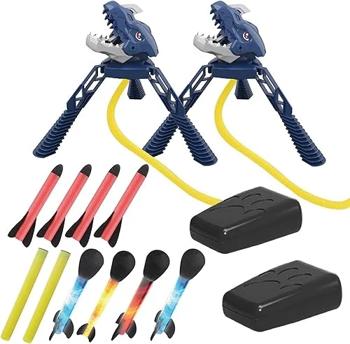 COOLDUCK 2 Pcs Dino Rocket Launcher for Kids – Launch Up to 100 Feet, Light-up Foam Rockets, Godzilla Dinosaur Stomp Launch Pad, Outdoor Toys for Family Fun, Birthday Gift for Boys Girls