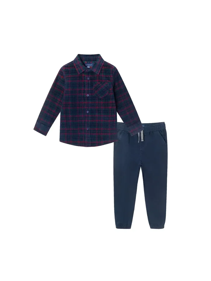 Cords Buttondown & Navy Joggers Set Red Plaid