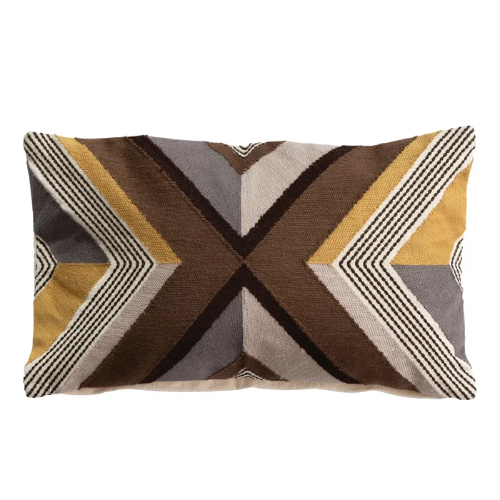 Cotton Embroidered Lumbar Pillow with Line Design