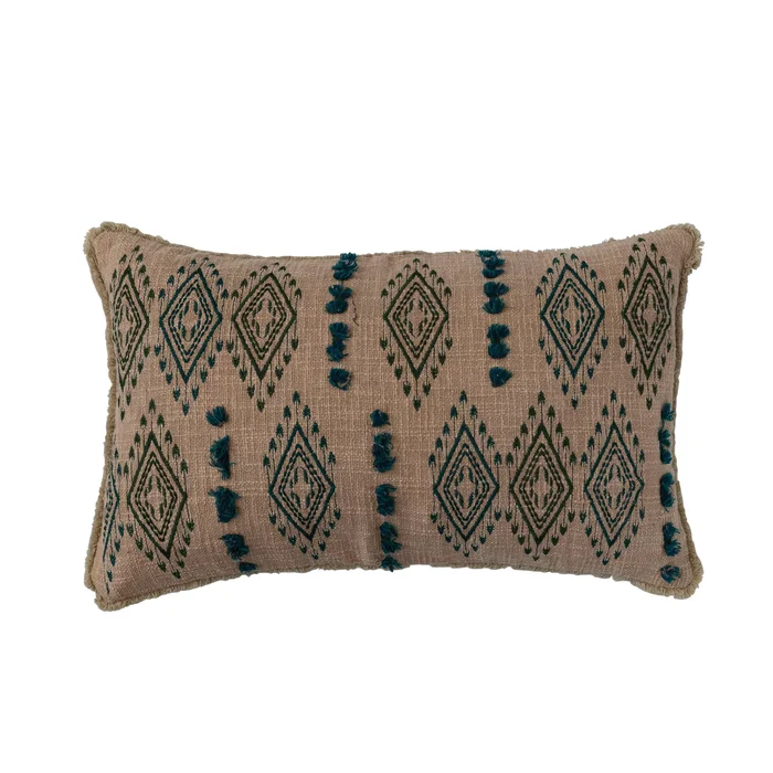 Cotton Lumbar Pillow with Tufted Embroidered Design and Fringe – 24.0″L x 14.0″W x 2.0″H