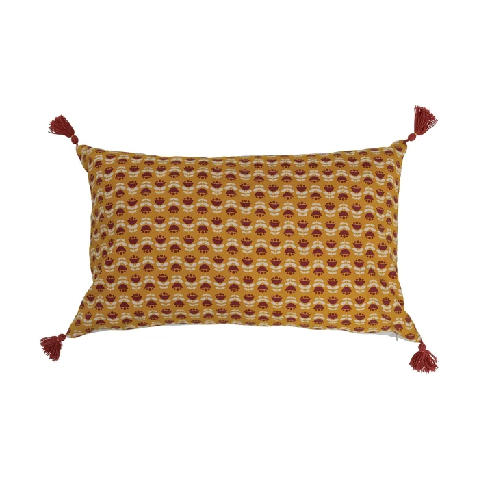 Cotton Slub Lumbar Pillow with Floral Pattern and Tassels