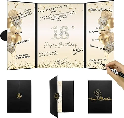 DARUNAXY Black Gold 18th Birthday Party Decorations, Happy 18th Birthday Alternative Signature Guest Book for Boys & Girls Cheers to 18 Years Old Gifts 18 Birthday Signing Card Board Party Supplies