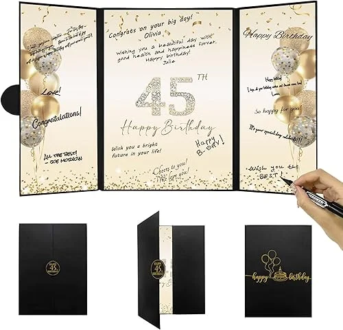 DARUNAXY Black Gold 45th Birthday Party Decorations, Happy 45th Birthday Alternative Signature Guest Book for Men Women Cheers to 45 Years Old Gifts 45 Birthday Signing Card Board Party Supplies