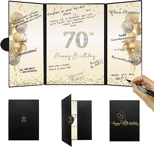 DARUNAXY Black Gold 70th Birthday Party Decorations, Happy 70th Birthday Alternative Signature Guest Book for Men Women Cheers to 70 Years Old Gifts 70 Birthday Signing Card Board Party Supplies