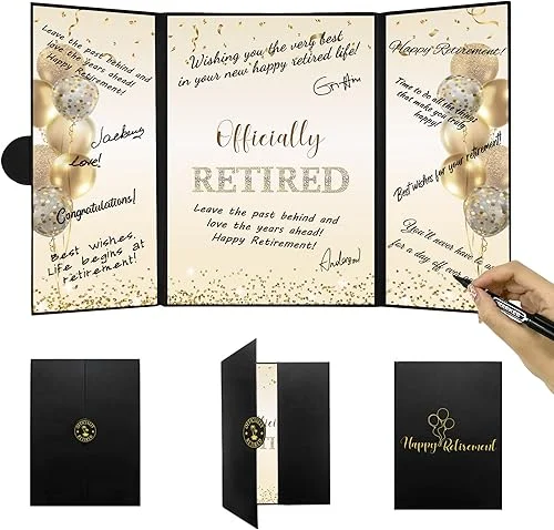 DARUNAXY Black Gold Retirement Party Decorations, Officially Retired Alternative Signature Guest Book for Men Women Happy Retirement Gifts Signing Card Board for Retirement Farewell Party Supplies