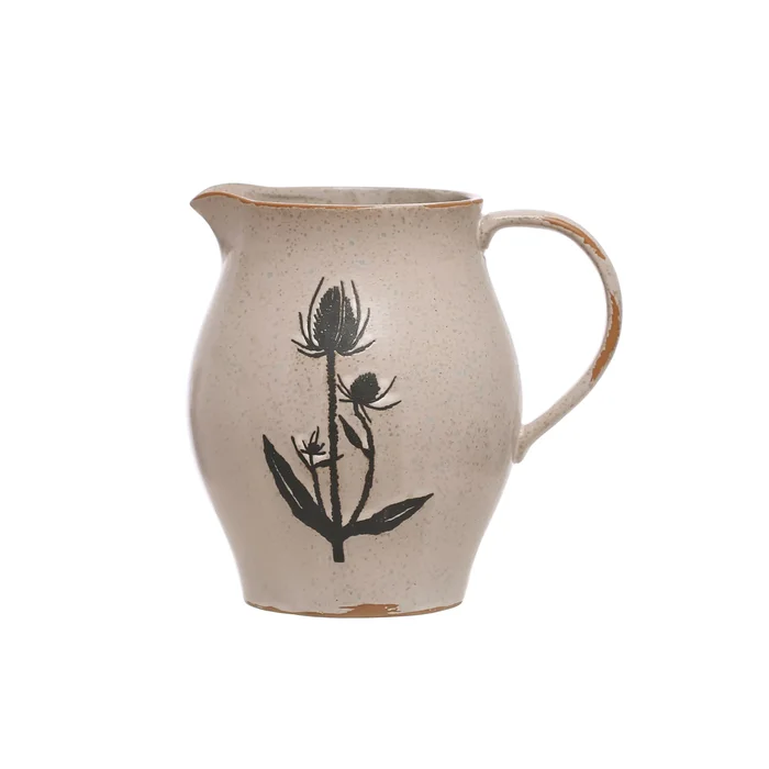 Debossed Stoneware Pitcher with Flower Design and Reactive Glaze – 6.9″L x 5.4″W x 6.5″H