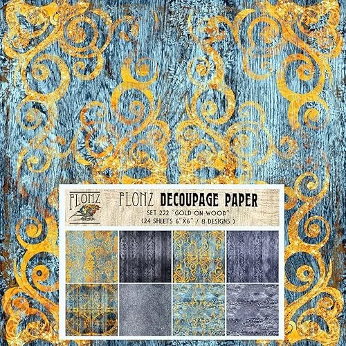 Decoupage Paper Pack (24 Sheets 6’x6′) Gold on Old Wood # Vintage Styled Seamless Art Deco Pattern Paper for Decoupage, Craft and Scrapbooking