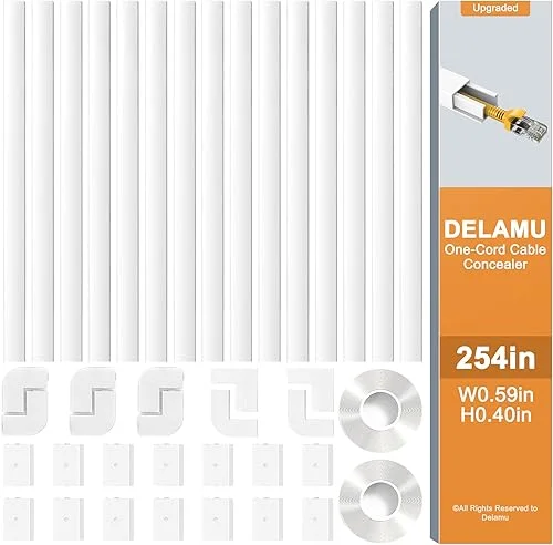 Delamu 254in Cord Covers for Wires on Wall, One-Cable Cord Hider Wall, Cable Hider Wire Covers for Cords on Wall, Paintable Cable Cover Cable Management Raceway, 15x L16.9in W0.59in, White