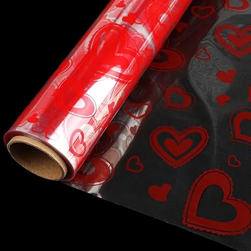 DERAYEE Valentine Heart Cellophane Wrap Roll, 100 ft x 16 In Crystal Clear Cellophane Gift Wrapping Paper for Flowers Treats Baskets Valentine's Day Party Favors