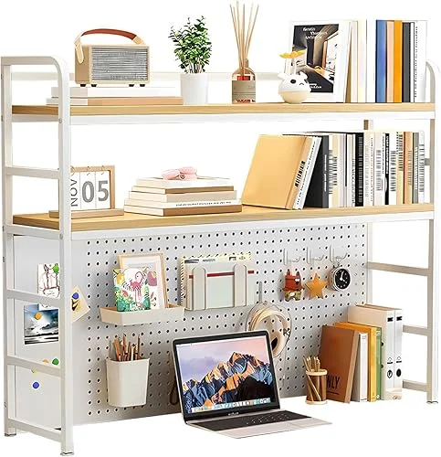 Desk Hutch Shelf Dorm 2 Tier Countertop Desktop Bookshelf With Pegboard,metal /MDF Desk Top Bookcase for Computer desk, Desk Storage Organizer Rack for Office Home Dormitory (white, 90cm/35.4in)
