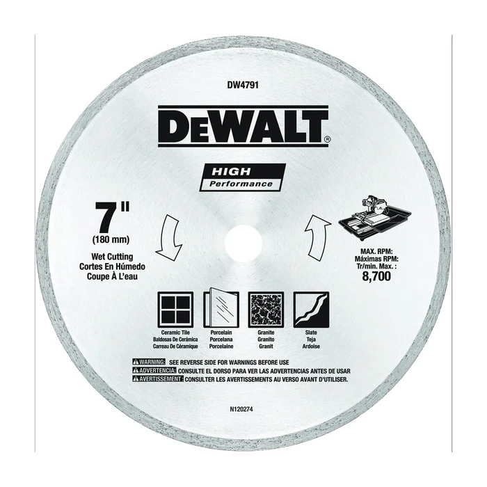 DeWALT DW4791 Circular Saw Blade, 7 in Dia, 5/8 in Arbor, Diamond Cutting Edge, Applicable Materials: Stone