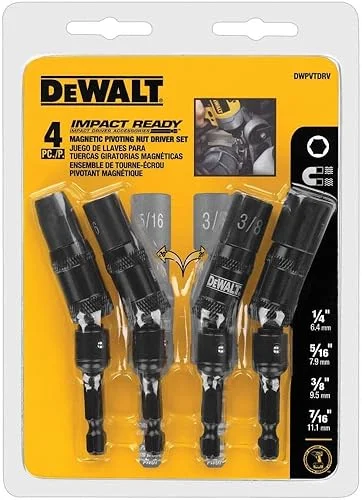 DEWALT DWPVTDRV 4-Piece Impact Ready Pivoting Nutsetters, 1/4-Inch, 5/16-Inch, 3/8-Inch, 7/16-Inch