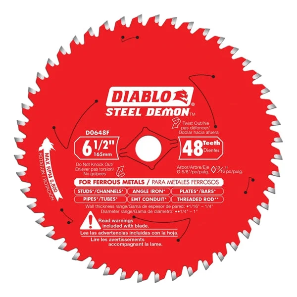 Diablo D0648FA Circular Saw Blade, 6-1/2 in Dia, 5/8 in Arbor, 48-Teeth, Applicable Materials: Steel