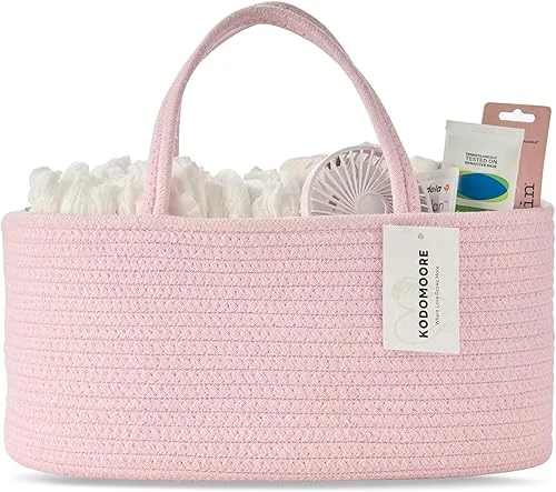 Diaper Caddy Organizer, Baby Storage Basket, Nursery Bin and Car Organizer for Diapers, Gift Basket for Baby Shower List or Newborn Essentials, Boys and Girls – Pink