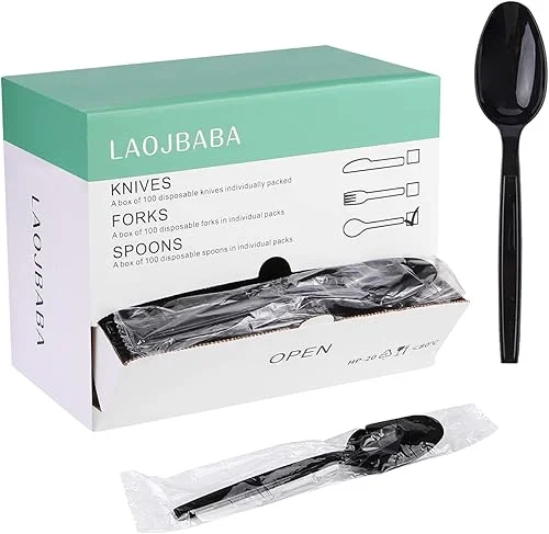Disposable Individually Packaged Spoons Black 7-Inch,Commercial Take Away Spoons,A Box of 100 Super Hard Mass Individually Wrapped Spoons