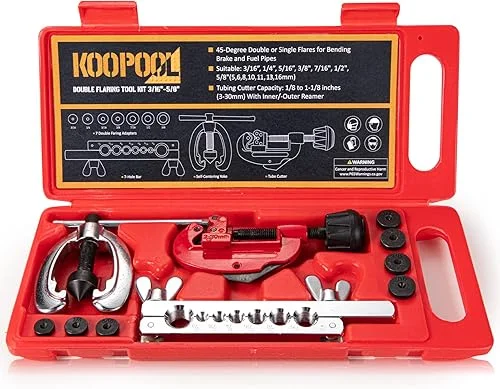 Double & Single Flaring Tool Kit for Brake Line HVAC System with Tube Cutter Extra 7 Adapters,Brass Copper Pipe 45 Degrees Flaring Tool