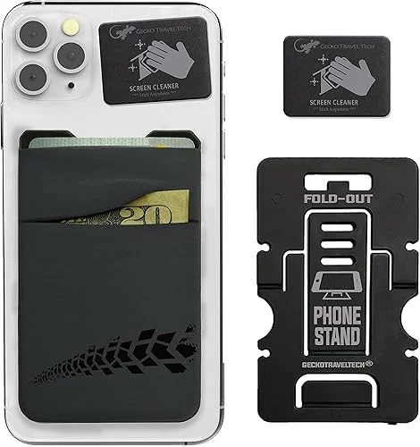 Double Pocket Gecko Phone Wallet – Smartphone Adhesive Card Holder – Cell Phone Pouch – Mobile Stick on Spandex Pocket by Gecko – Carry Credit Cards and Cash – (Black-White)