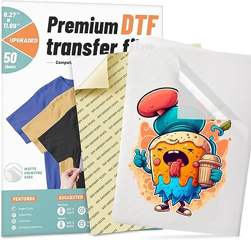 DTF Transfer Film, 50 Sheets 8.5’*11′ DTF Paper with Smart Printing Pad for All Sublimation&DTF Printers,DTF Film for Sublimation Hack,Upgraded Premium Direct to Film for All Fabrics