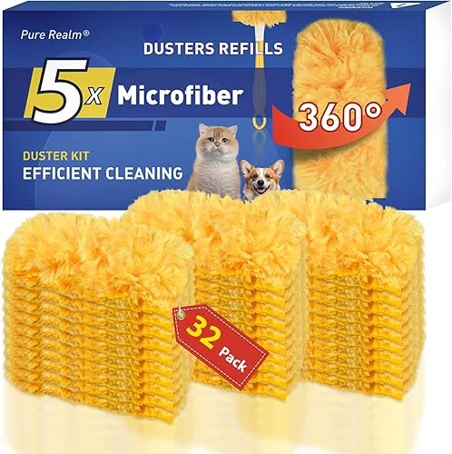 Duster Refills Compatible with Swiffer Dusters, Multi Surface 360 Heavy Duty Duster Refills & 1 Handle, Disposable Dusters for Cleaning (32 Count+1 Handle)