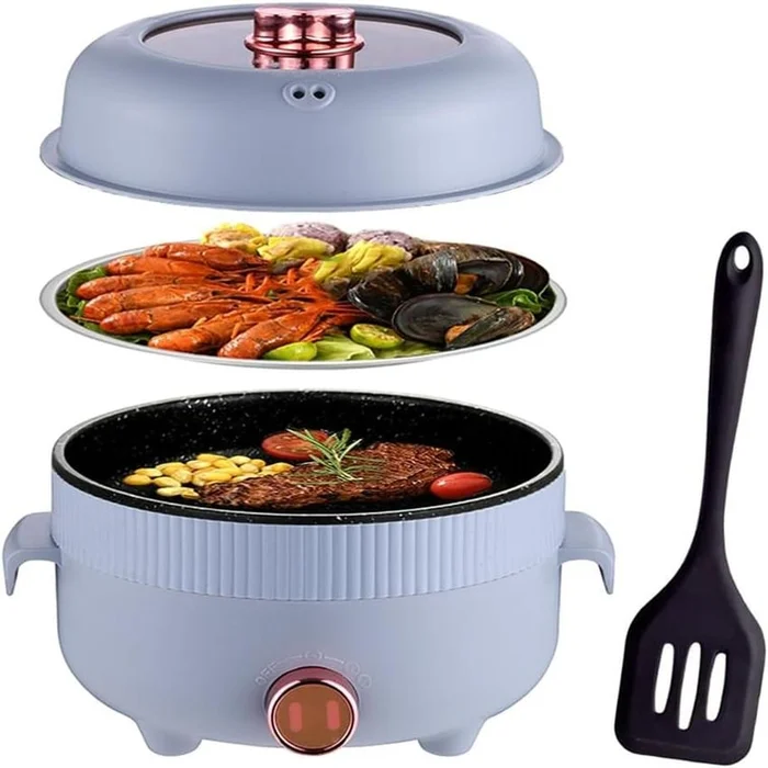 Electric Hot Pot 2.2L with Steamer Portable Non-Stick Frying Pan Portable Travel Cooker for Ramen/Steak/Fondue/Soup
