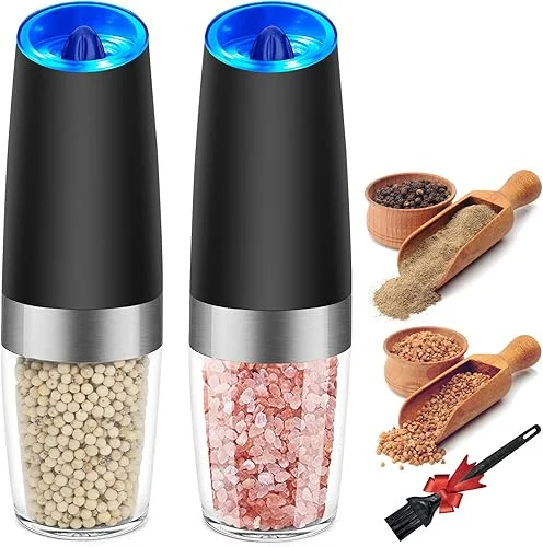 Electric Salt and Pepper Grinder Set, Automatic Gravity Salt and Pepper Mill with Adjustable Coarseness, Salt and Pepper Shakers Battery Powered with LED Light, One Hand Operation