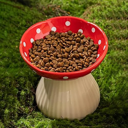 Elevated Cat Bowls Raised Cat Food Bowl Red Mushroom Cute Tilted Kitten Pet Dish, Ceramic Pet Feeder Food Water Bowl Protect Spine Anti-Vomiting Whisker Friendly Non-Slip Dishwasher Safe (Red)