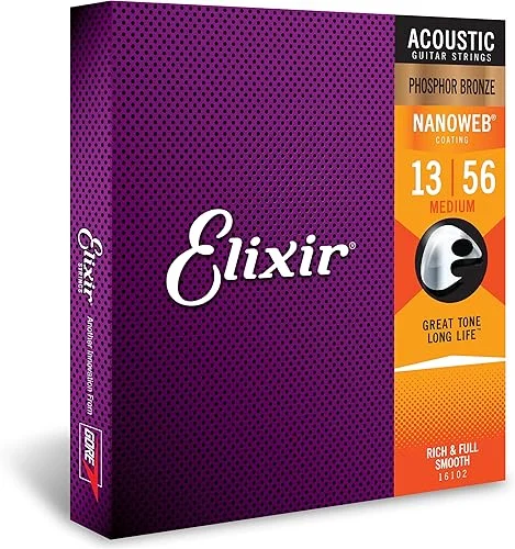 Elixir Strings Phosphor Bronze Acoustic Guitar Strings w NANOWEB Coating, Medium (.013-.056)